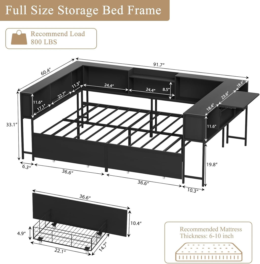 Corner Full Bed Frame with Storage Bookcase and Foldable Desktop, Black Full Size U-Shaped Metal Corner Bed Platform for Teenagers & Kids, Daybed with Charging Station & 2 Storage Drawers for Bedroom