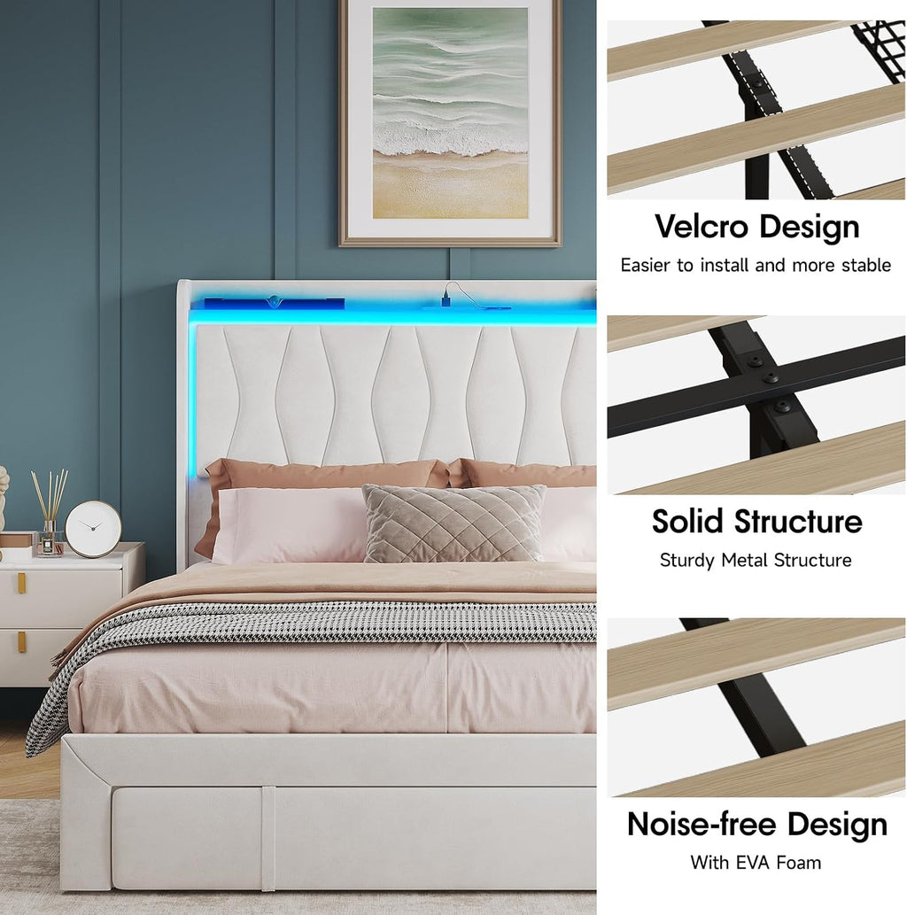 Fameill Full Size Bed Frame with LED Light and 3 Drawers Storage, Upholstered Velvet Platform Bed Frame with Charging Station, Wingback Tall Headboard, No Box Spring Needed, Beige