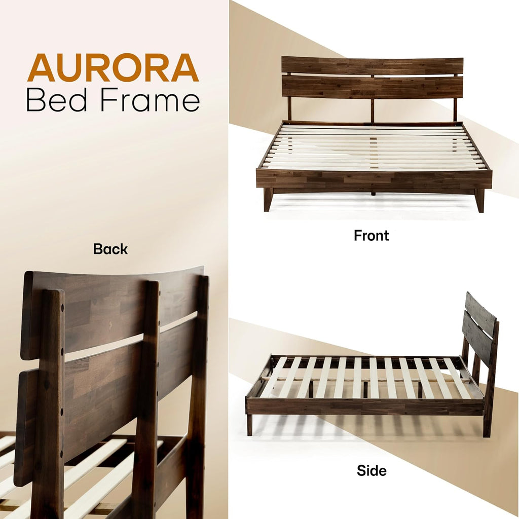 Acacia Aurora Wooden Bed with Headboard, Queen Size Bed Frame, 800lbs Capacity Wood Bed Compatible with All Mattress Types, Non-Slip & Noise-Free, Wood Slats Support, Easy Assembly, Chocolate.