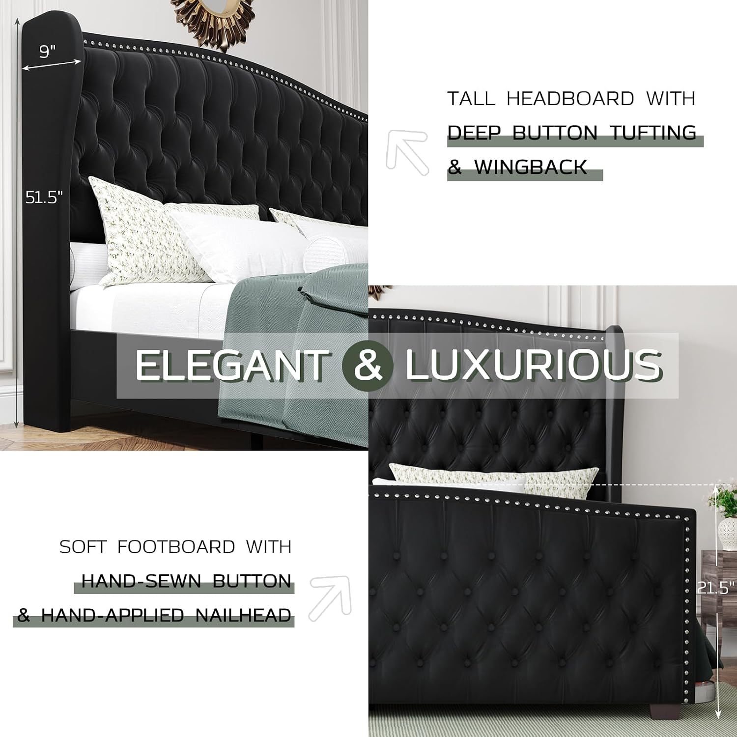 LUXOAK Queen Platform Bed Frame with Wingback Headboard, Velvet Upholstered Bed Frame with Handmade Button Tufted & Nailhead, Wooden Slats Support, Black