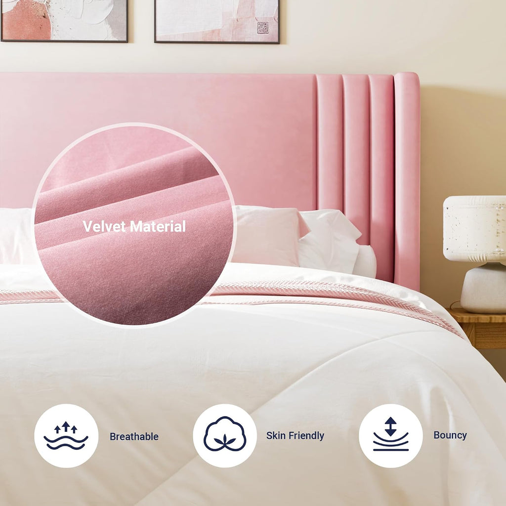 Allewie Full Size Velvet Platform Bed Frame with Vertical Tufted Wingback Headboard, Easy Assembly, Under Bed Storage, No Box Spring Required, Modern Style, Pink