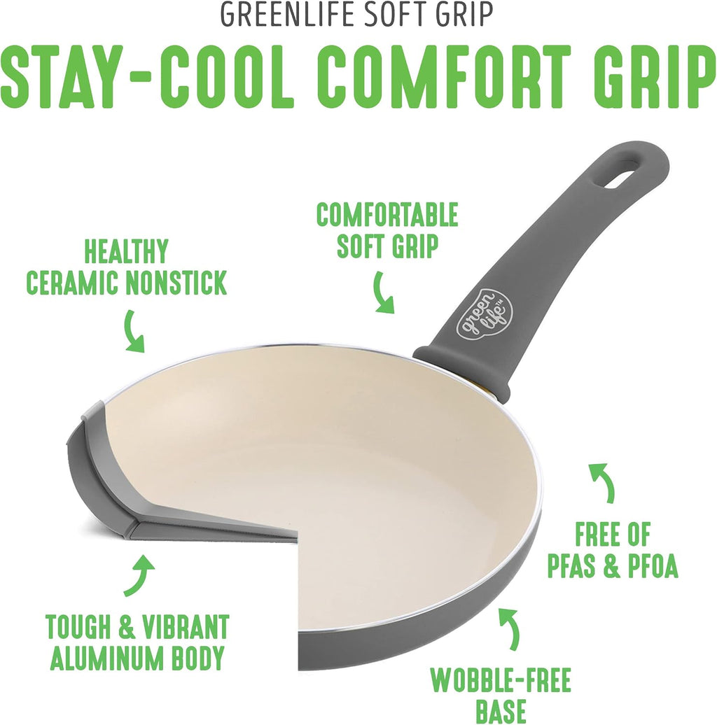 GreenLife Soft Grip Healthy Ceramic Nonstick 18 Piece Kitchen Cookware Pots and Frying Sauce Saute Pans Set, PFAS-Free with Kitchen Utensils and Lid, Dishwasher Safe, Gray