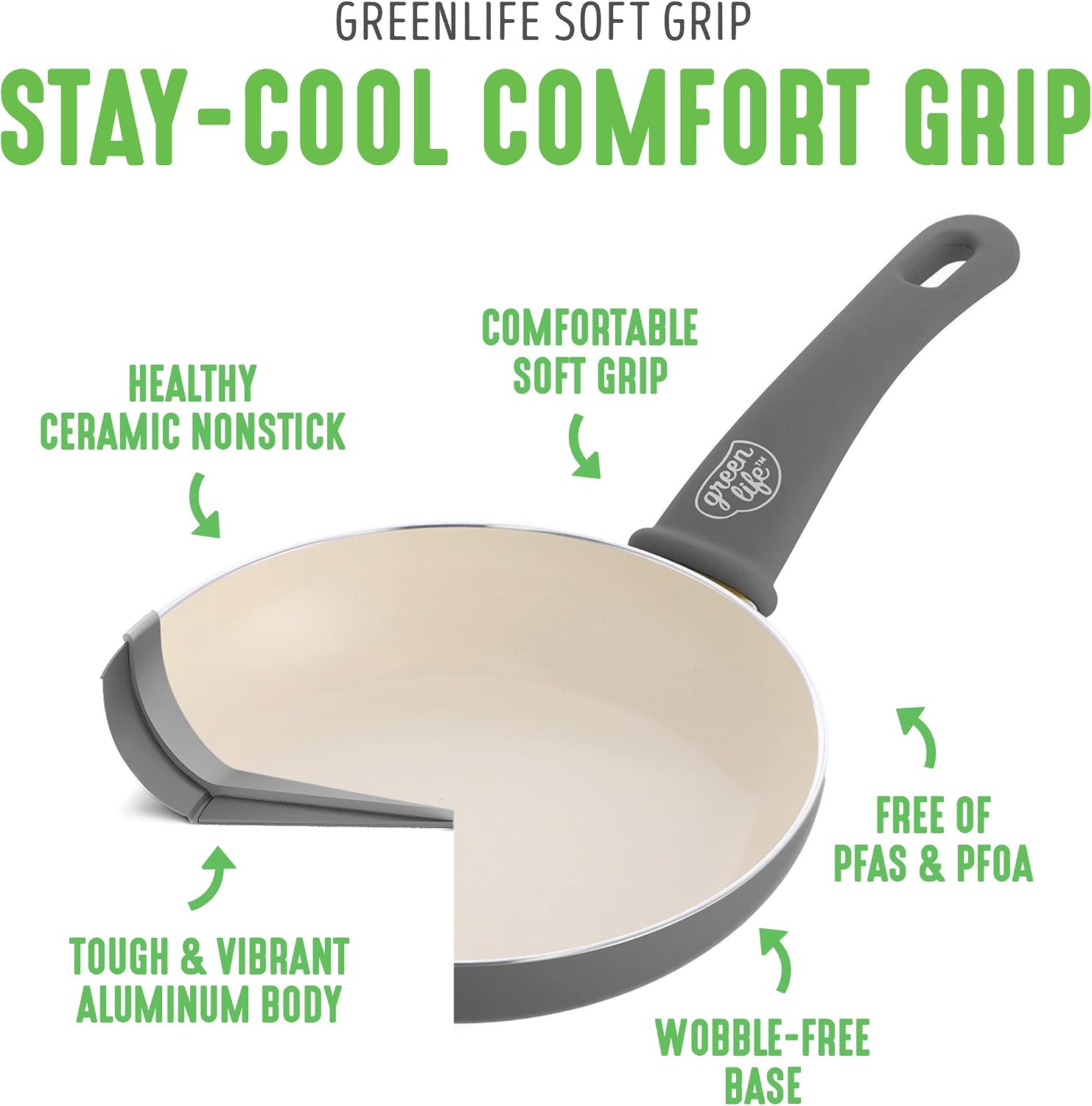 GreenLife Soft Grip Healthy Ceramic Nonstick 18 Piece Kitchen Cookware Pots and Frying Sauce Saute Pans Set, PFAS-Free with Kitchen Utensils and Lid, Dishwasher Safe, Gray
