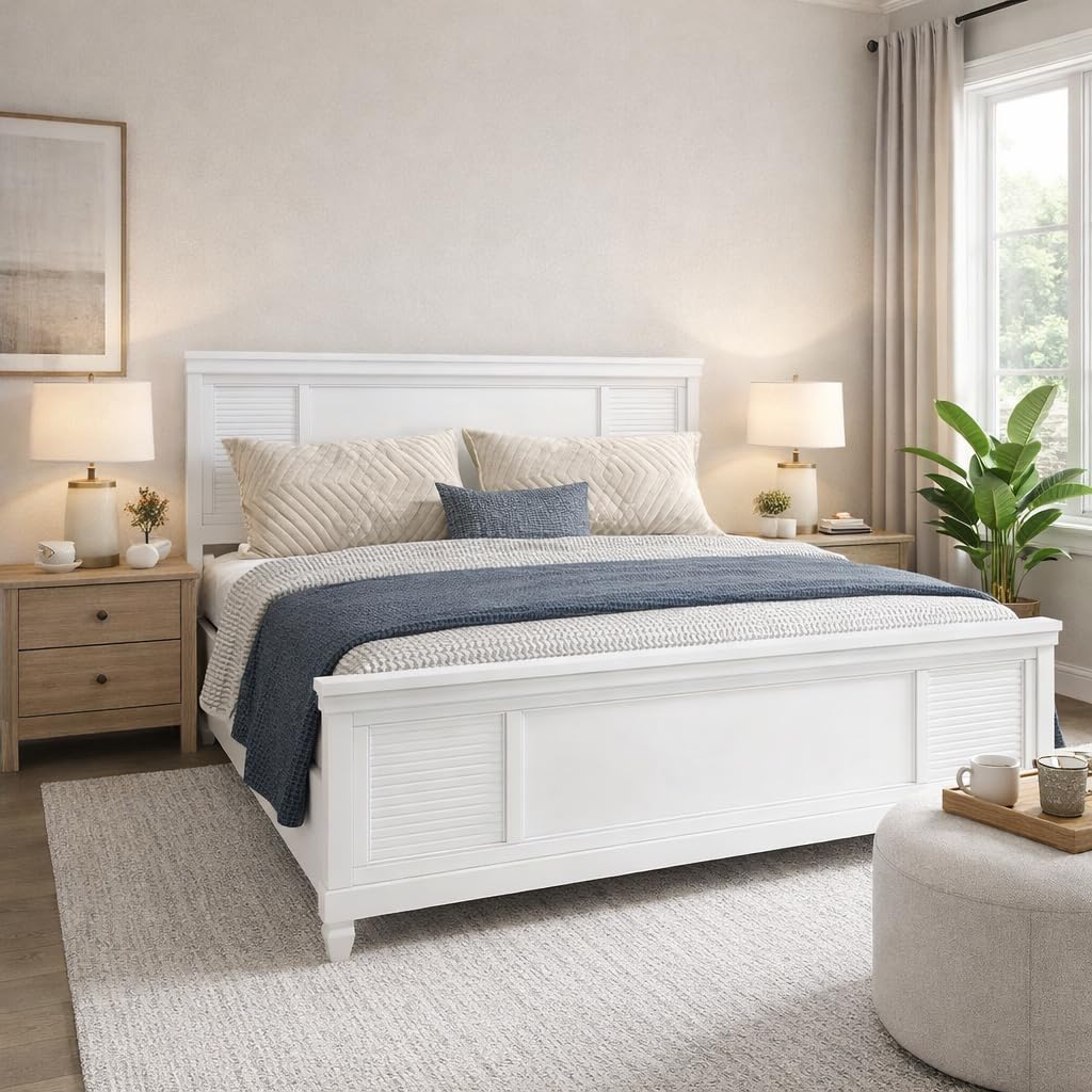 Christopher Knight Home Todie Modern Queen Size Bed Frame with Headboard, Wooden Queen Size Platform Bed Frame, Farmhouse Queen Size Bed Set, No Box Spring Needed, Easy Assembly, White