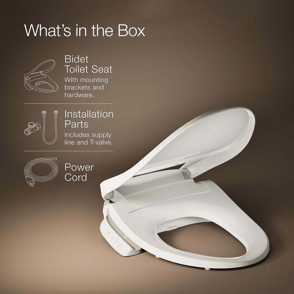 Kohler PureWash E545 Elongated Heated Bidet Toilet Seat, Warm Water, Biscuit with Side Panel, Quiet-Close Lid, Self-Cleaning Wand, Adjustable Water Pressure and Nightlight, Side Panel Controls