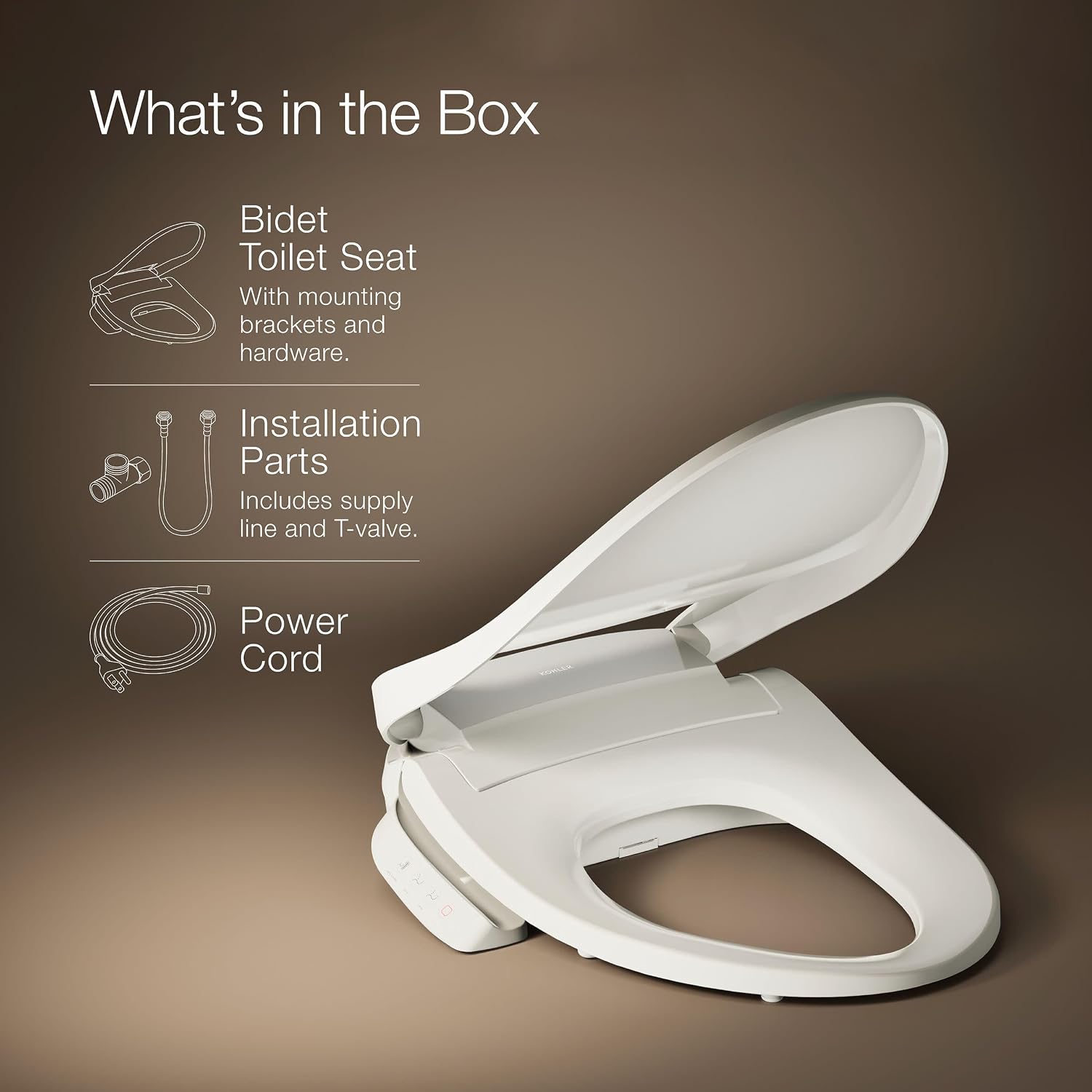 Kohler PureWash E545 Elongated Heated Bidet Toilet Seat, Warm Water, Biscuit with Side Panel, Quiet-Close Lid, Self-Cleaning Wand, Adjustable Water Pressure and Nightlight, Side Panel Controls