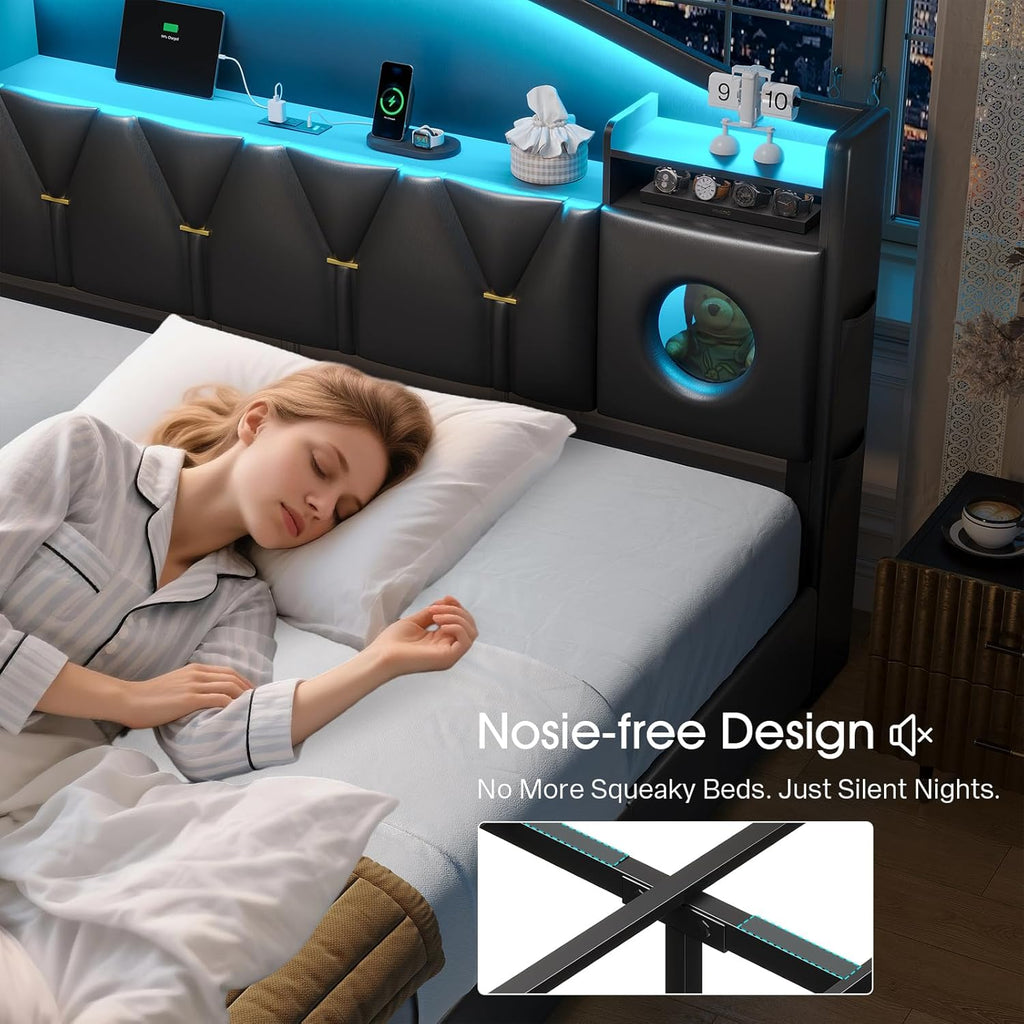 King Size Bed Frame,Platform Bed Frame King Size with 6 Storage Drawers & Headboard, King Bed with LED Lights&Charging Station,Sturdy Metal Slats,Noise-Free,No Box Spring Needed,Easy Assembly,PU Black