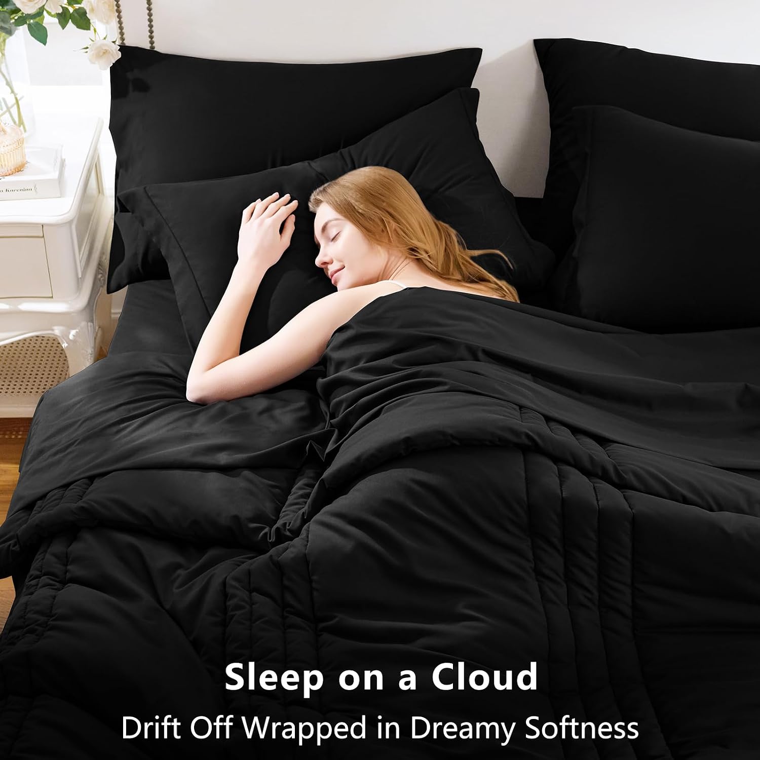 CozyLux Super King Plus Comforter Set Black - 7 Pieces Bed in a Bag, Modern Vertical Quilted Room Decor, Soft All-Season Bedding Gift with Comforter, Sheets, Pillowcases & Shams