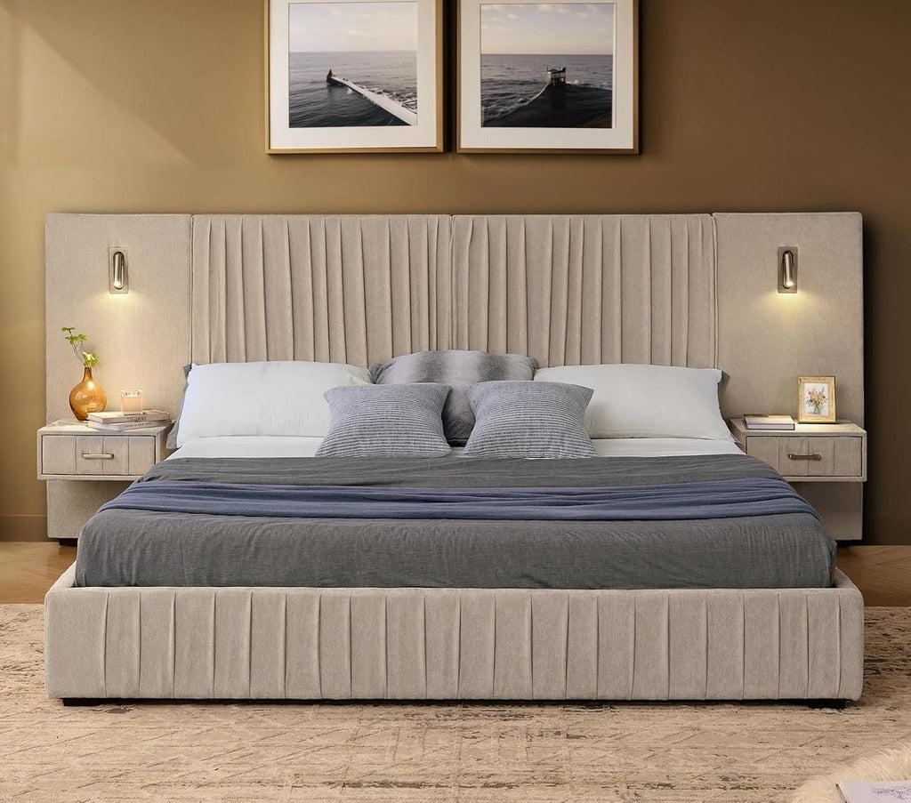 KEIKI Queen Size Chenille Bed Frame with 2 Nightstands, Lamps & Oversize Headboard, Solid Wood Frame Platform Night Stand Bedroom Set, Upholstered Floor Grounded Bed, No Box Spring Needed, Beige
