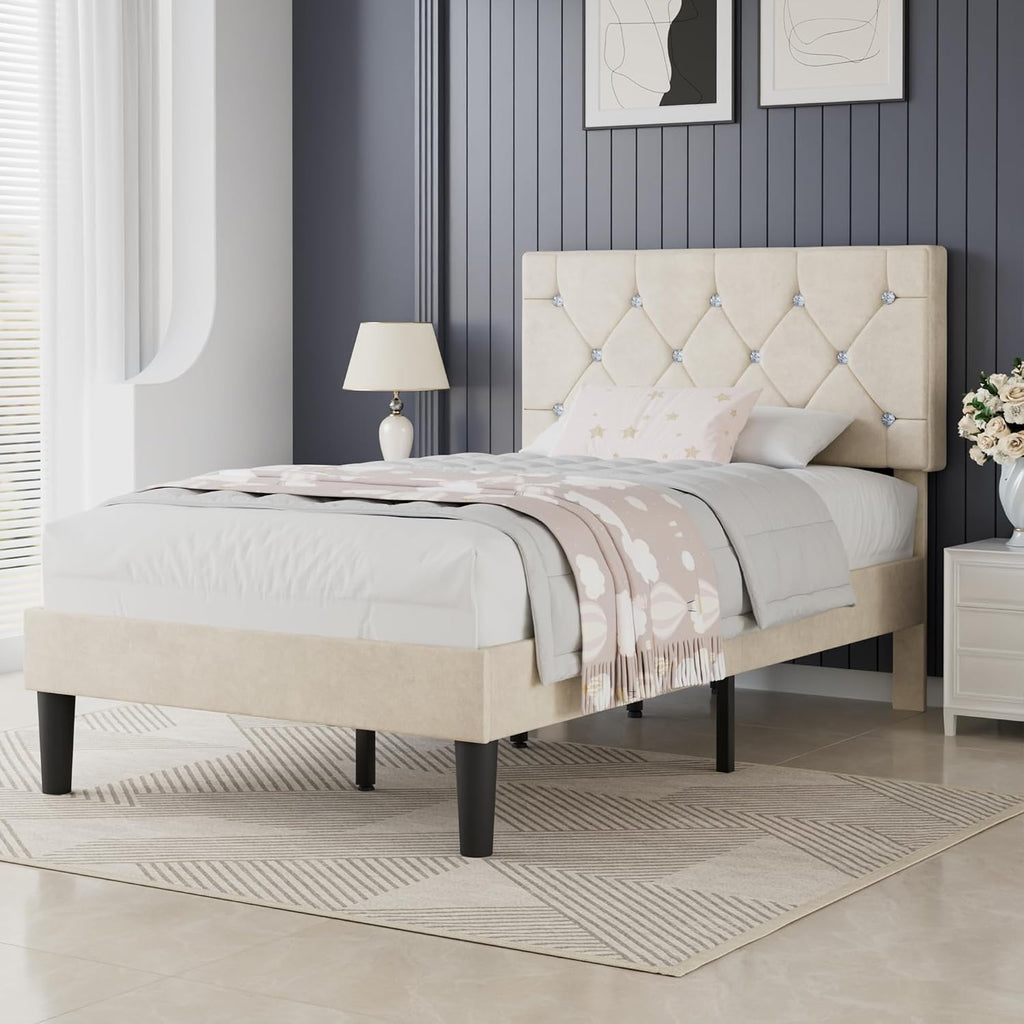 VECELO Twin Size Bed Frame, Upholstered Platform with Adjustable Diamond Tufted Headboard, Wood Slat Support, No Box Spring Needed, Pala Beige