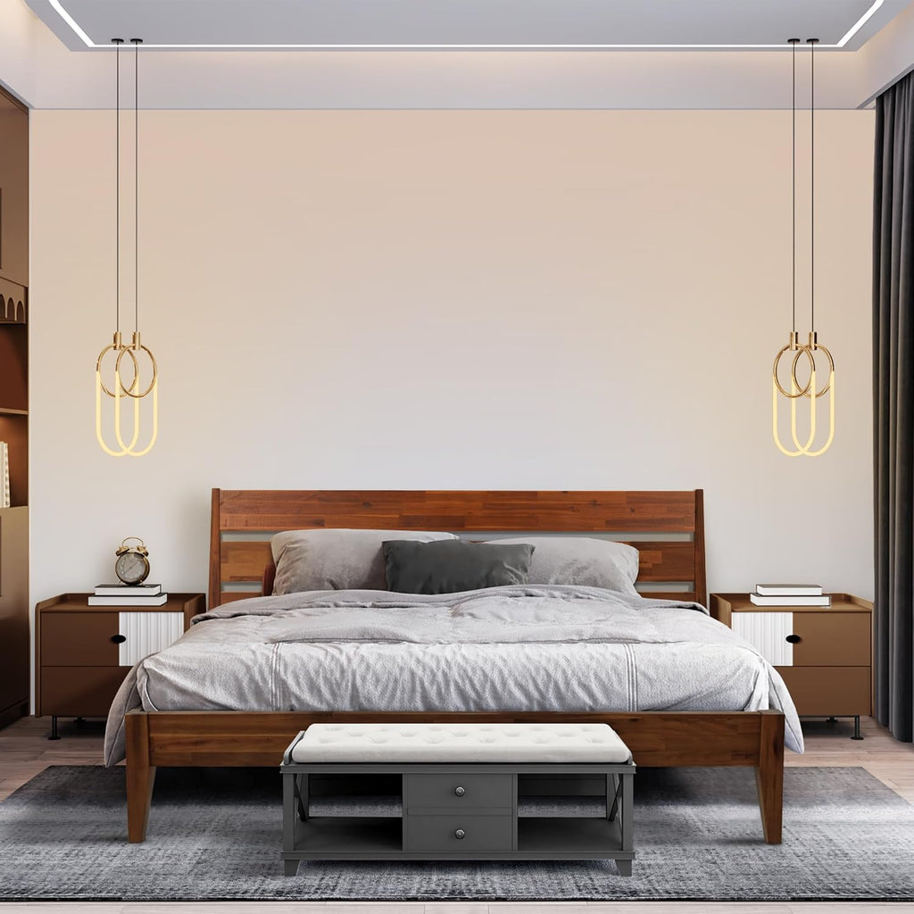 Acacia Emery Bed Frame with Headboard Solid Wood Platform Bed, King Size Bed Frame, Mid - Century Modern Wood Bed Compatible with All Mattresses, Easy Assembly, Non-Slip, Chocolate.