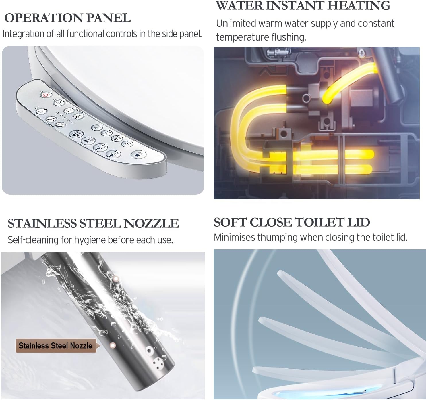 Fixing Side Panel Control Elongated Bidet Toilet Seat with Warm Water Wash, Air Dryer, Heated Seat, LED Display, Self-Cleaning Nozzle, Night Light & Multiple Cleaning Modes