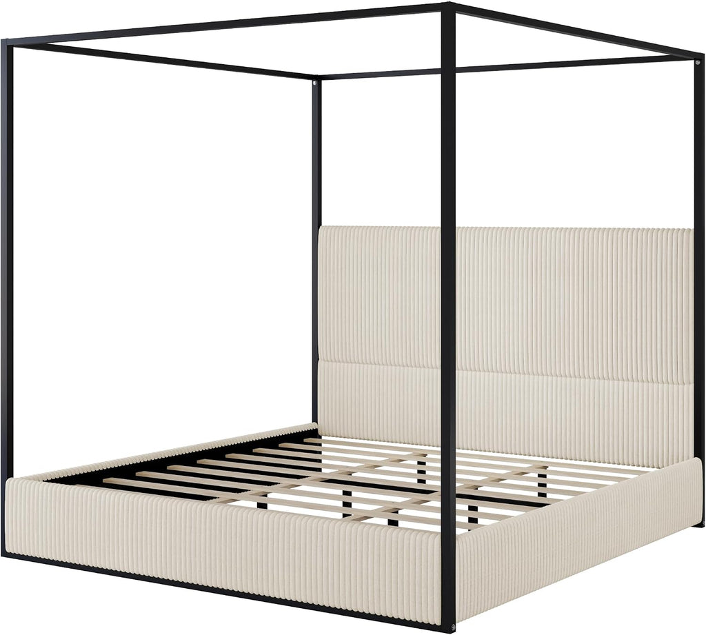 King Size Canopy Bed with Tall Upholstered Channel Headboard, Metal 4 Poster Upholstered Bed, No Box Spring Needed (Black+Cream, King//)