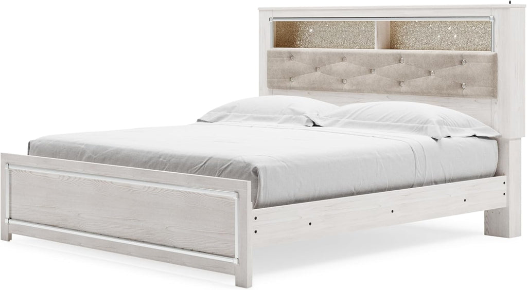 Signature Design by Ashley Altyra Modern King Tufted Panel Bookcase Bed, Foundation or Box Spring Needed, White