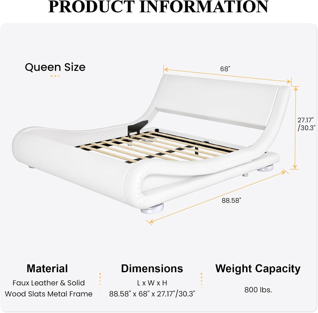 SHA CERLIN Queen Size Upholstered Bed Frame, Deluxe Low Profile Sleigh Bed with Faux Leather Ergonomics Headboard, No Box Spring Needed & Easy Assembly, White