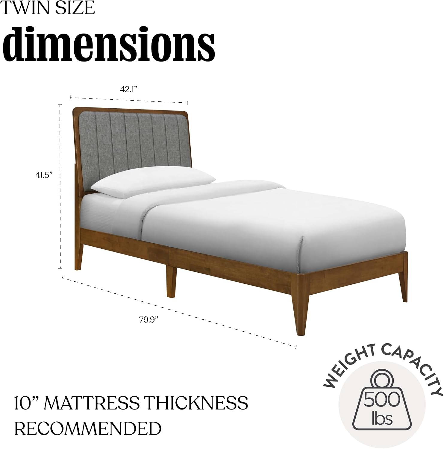 DG Casa Raven Solid Wood Twin Size Bed Frame - Mid Century Modern Style, Platform with Tufted Upholstered Adjustable Height Headboard, No Box Spring Required, Walnut Finish, Brown Fabric