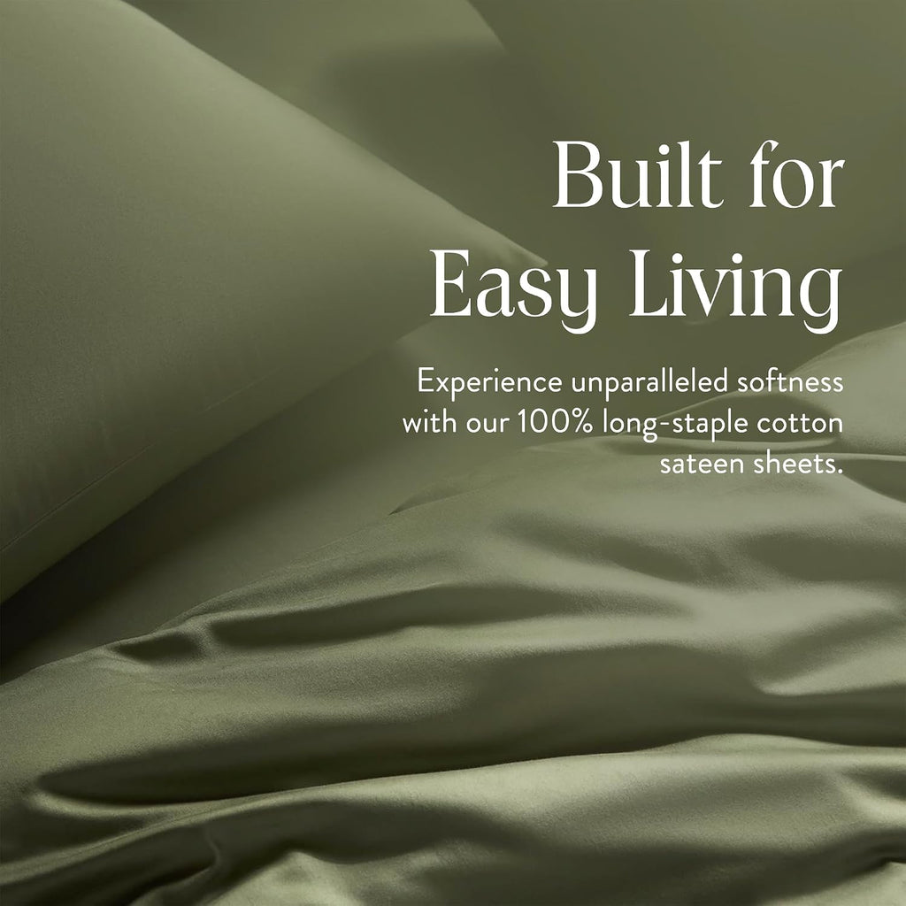 Brooklinen Luxury Sateen 4 Piece Sheet Set - 100% Cotton Bed Sheets, Soft & Durable Twin XL Sheet Set in Fresh Moss, Oeko-TEX Certified Bedding Set, 1 Fitted Sheet, 1 Flat Sheet, 2 Pillowcases