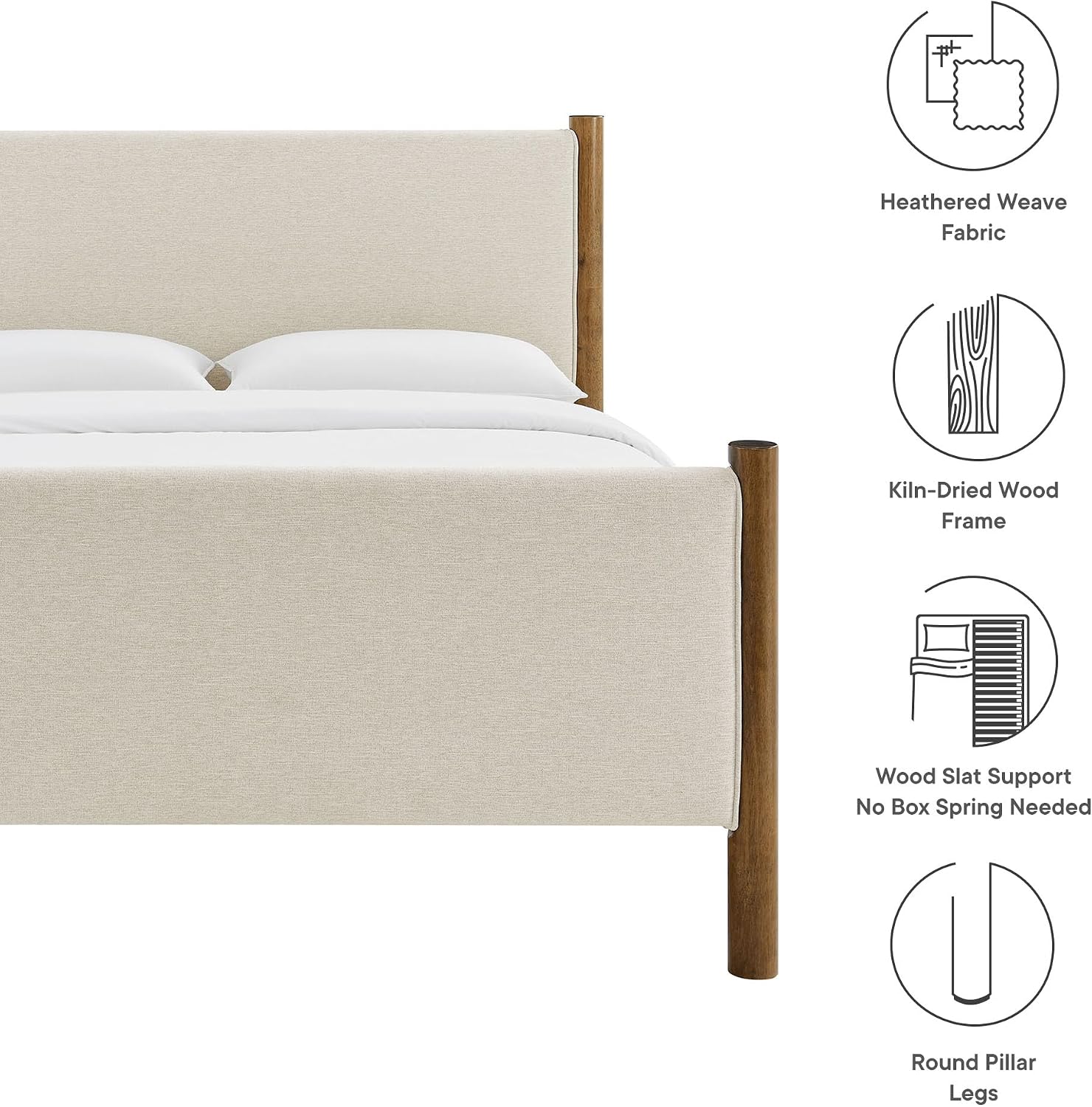 Modway Maven King Size Bed Frame in Ivory Walnut with Upholstered Fabric Headboard and Footboard – Wood King Platform Bed Frame – No Box Spring Needed