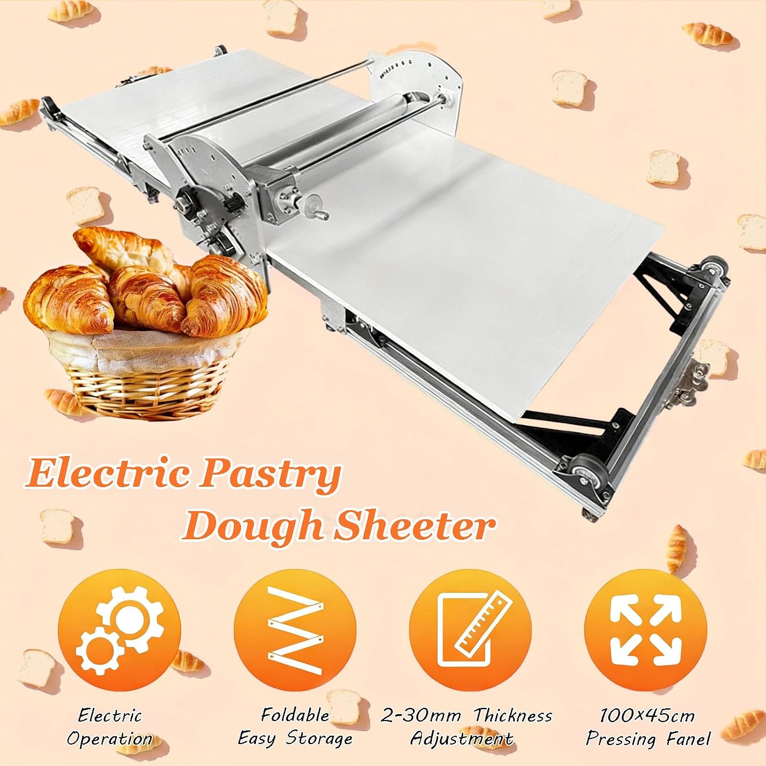 60W Electric Dough Roller Machine | Foldable Design with Adjustable 2-30mm Thickness for Pizza, Cookie, Bread Dough | Easy-Clean Stainless Steel & Non-Stick PP Board | Home & Commercial Use