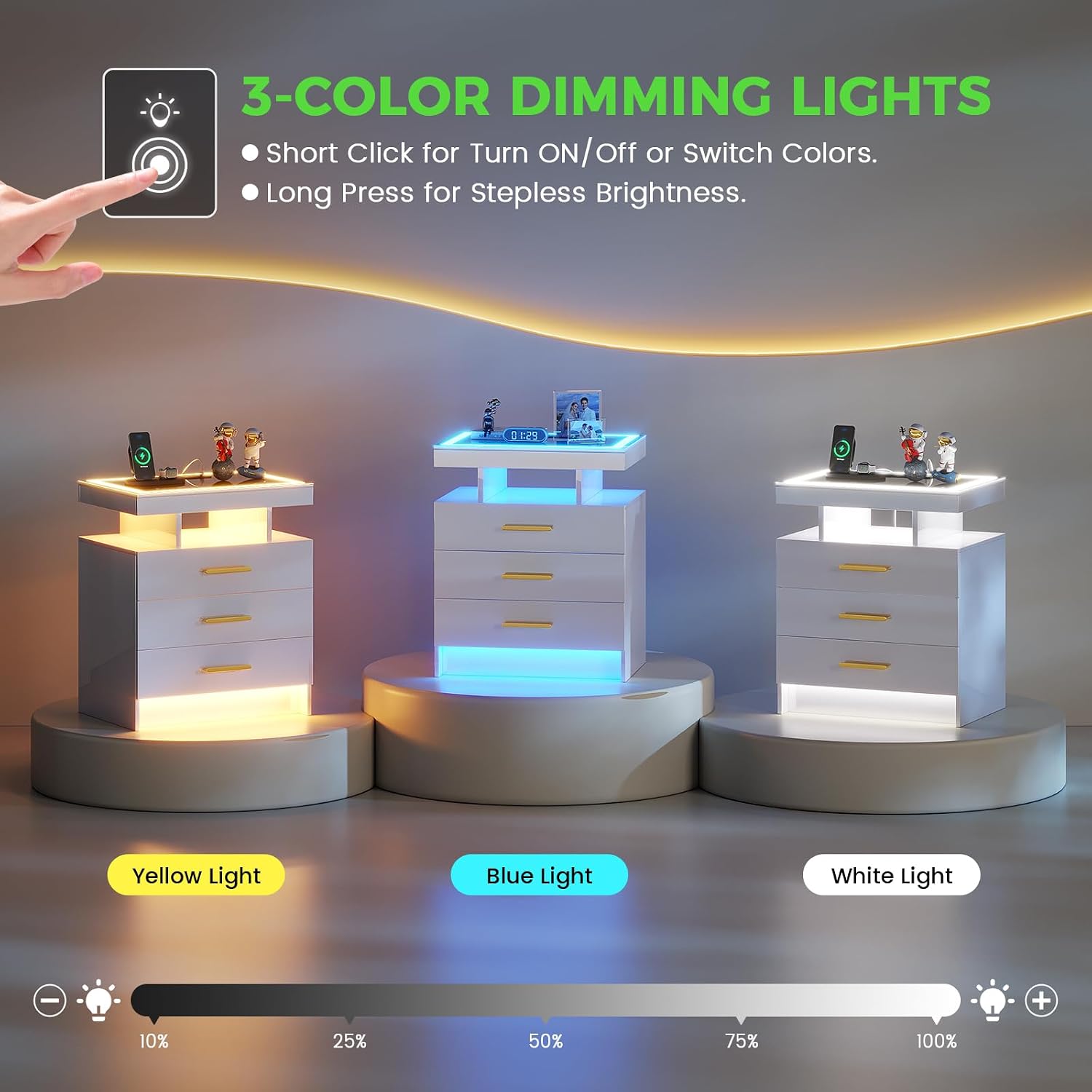 HNEBC Night Stand Set 2 with LED Lights, High Gloss Nightstand with 3 Drawers,Wireless&USB&Type-C Charging Station,Smart Side Tables with Tempered Glass Top for Bedroom,Living Room,Office-White