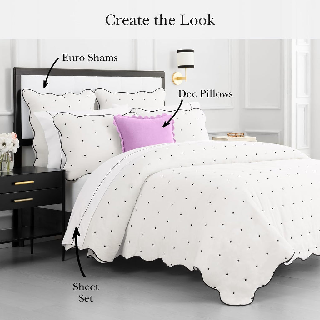kate spade new york Scalloped Edge 3-Piece Full/Queen Quilt Bedding Set, 100% Cotton Reversible Cover, All Season Warmth Bedding, Machine Washable, Marshmallow
