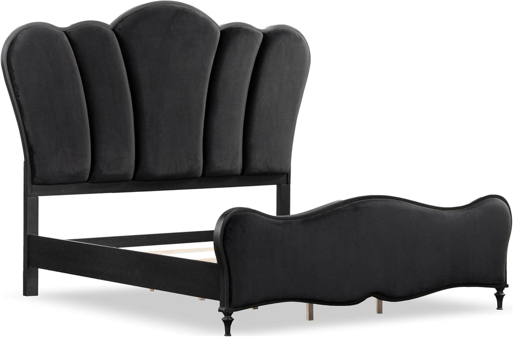 Furniture of America Seabliss Glam Solid Wood 2-Piece Bedroom Set with Padded Headboard Bed, Felt-Lined Top Drawer, Ball-Bearing Glides on Nightstand, Box Spring Needed, Queen, Black