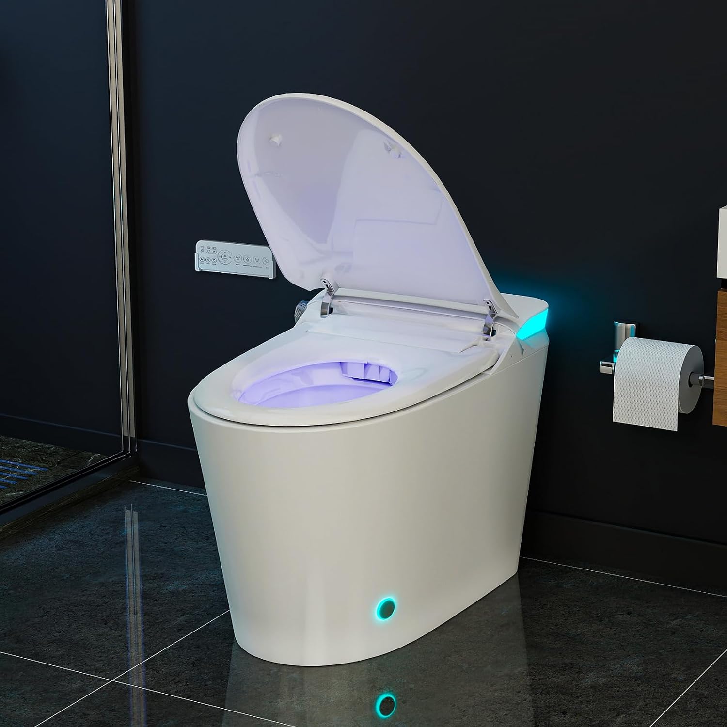 Smart Toilet with Bidet Built in, Auto Open Close & Auto Flush, Modern Elongated Tankless Toilet for Bathrooms with Heated Seat, Warm Water & Dryer, Foot Sensor and Night Light