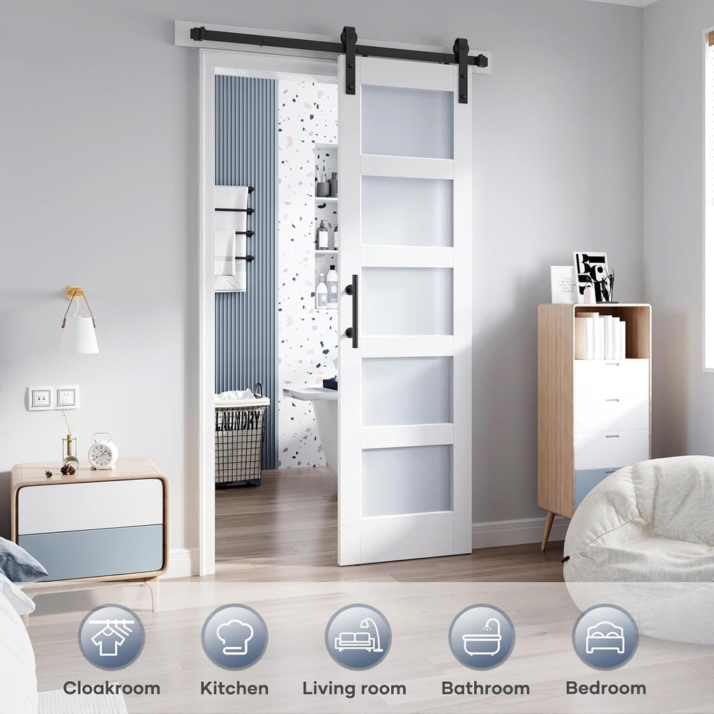 24x84 Inch Glass Sliding Barn Door Slab and 4ft Hardware Kit Included, 5 Frosted Glass, LVL Wood Panel Covered with White Water-Proof Scratch-Proof PVC Surface, Simple DIY Assembly