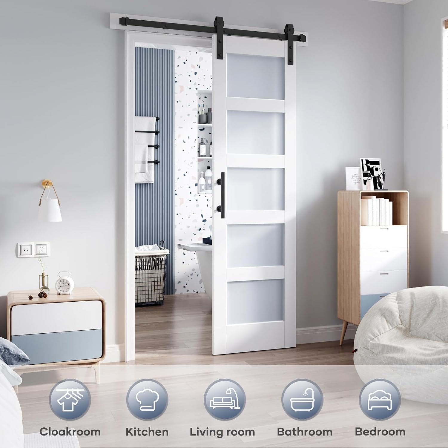 24x84 Inch Glass Sliding Barn Door Slab and 4ft Hardware Kit Included, 5 Frosted Glass, LVL Wood Panel Covered with White Water-Proof Scratch-Proof PVC Surface, Simple DIY Assembly
