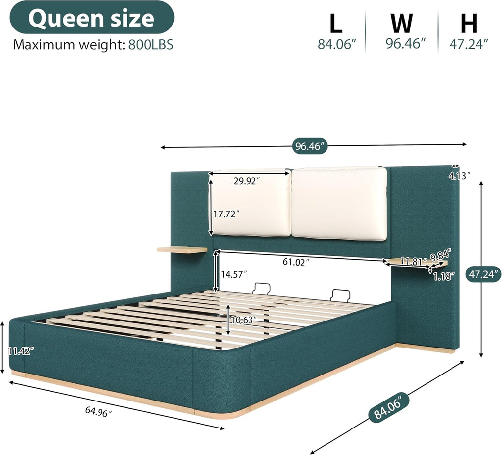 Merax Queen Size Upholstered Platform Bed Frame with Large PU Leather Headboard and Bothside Shelves, Modern Bedroom Furniture & Solid Wood Slats Support, No Box Spring Needed, Easy Assembly, Green