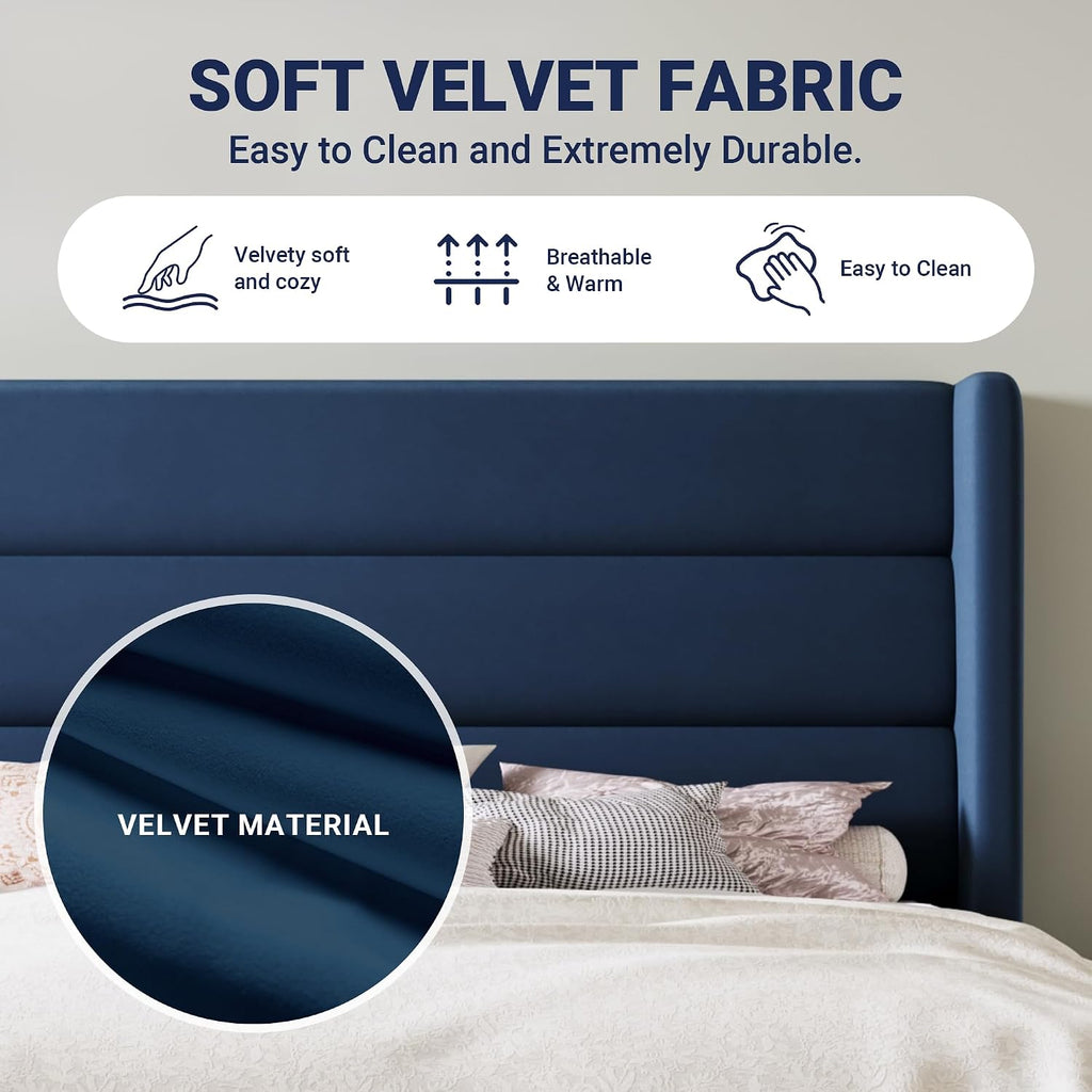 Allewie King Size Platform Bed Frame with Velvet Upholstered Wingback Headboard, No Box Spring Needed, Under Bed Storage Space, Wooden Slats, Modern Mattress Foundation, Easy Assembly, Blue