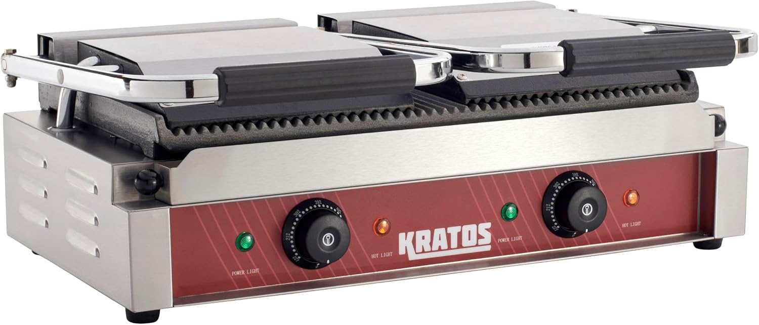 Kratos Commercial Electric Panini Sandwich Grill with Grooved Plates, 18.7' x 9' Cooking Surface, Commercial Countertop Panini Press, 120V, 3500W (29Y-023)