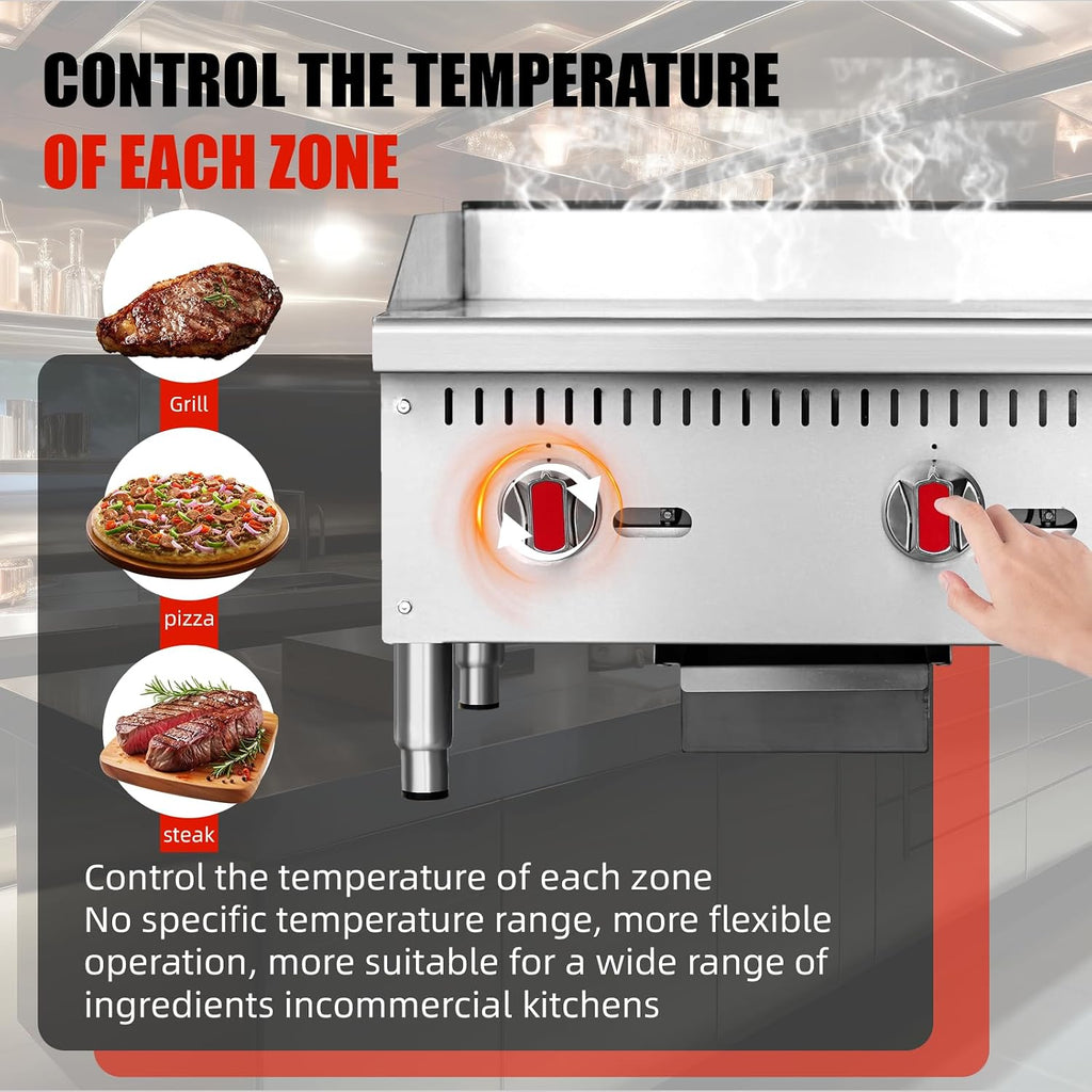 Commercial Gas Griddle - 24' Countertop Griddle. 60,000 BTU Flat Top Griddle, Natural Gas (NG) / Propane, CSA Certified