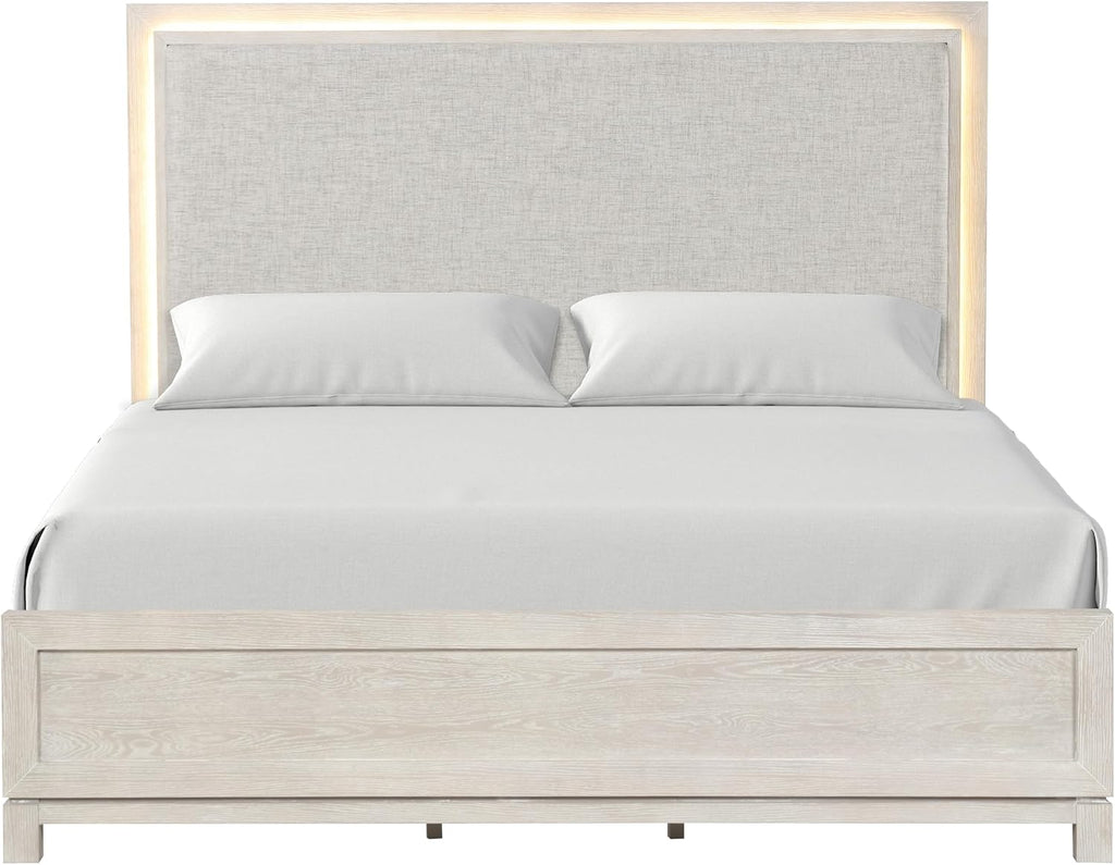 Furniture of America Bailer Modern Solid Wood 6-Piece Bedroom Set with LED on Headboard, Stainless Steal Posts and Marble Top on Nightstand, Box Spring Needed, Queen, Weathered Gray