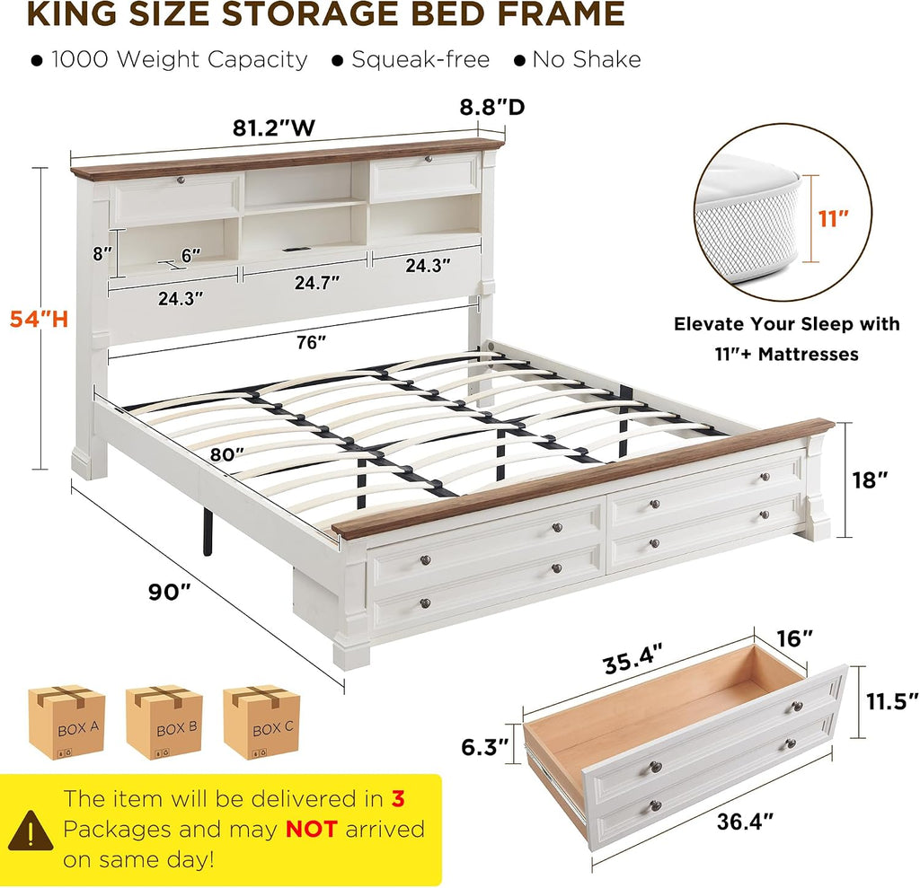 T4TREAM Farmhouse King Size Bed Frame with 54' Tall Headboard, Wood Platform Bed Frame with 18' Tall Roman Column Decoration Footboard & 2 Large Storage Drawers, No Box Spring Needed(Antique White)