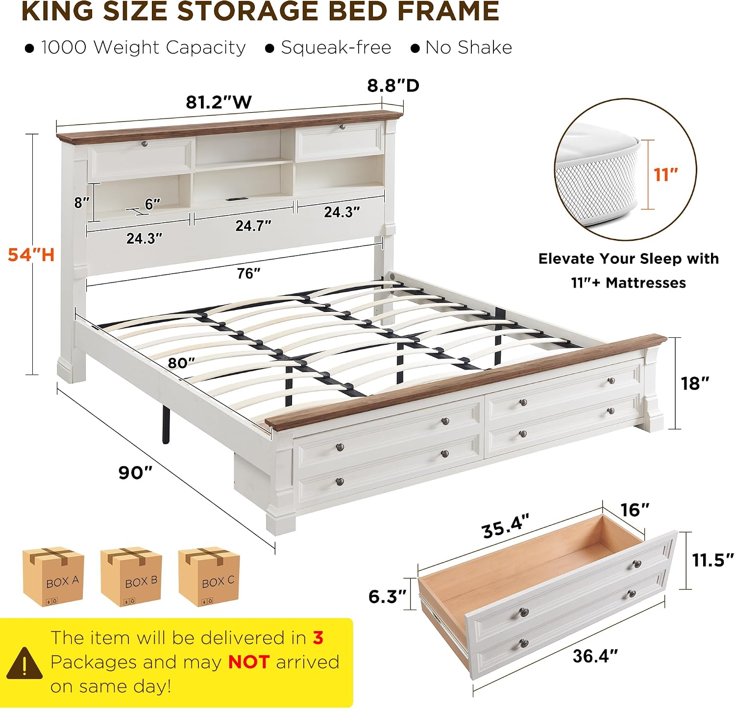 T4TREAM Farmhouse King Size Bed Frame with 54' Tall Headboard, Wood Platform Bed Frame with 18' Tall Roman Column Decoration Footboard & 2 Large Storage Drawers, No Box Spring Needed(Antique White)