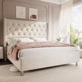 Jocisland Bed Frame King Size Velvet Tufted Upholstered Bed Low Profile Platform Bed Raised Wingback Headboard/Wood Slats Support/No Box Spring Needed/Easy Assembly/Cream