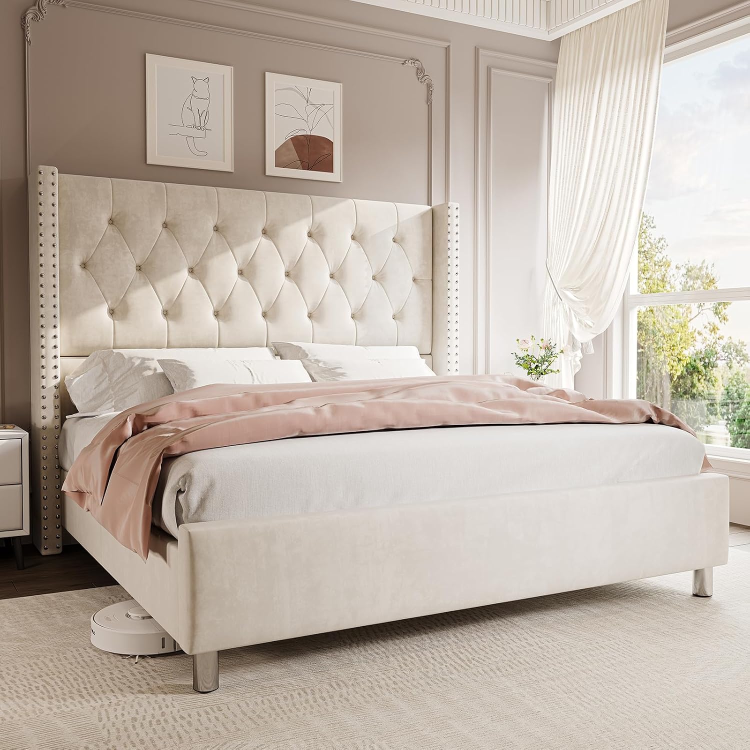 Jocisland Bed Frame King Size Velvet Tufted Upholstered Bed Low Profile Platform Bed Raised Wingback Headboard/Wood Slats Support/No Box Spring Needed/Easy Assembly/Cream