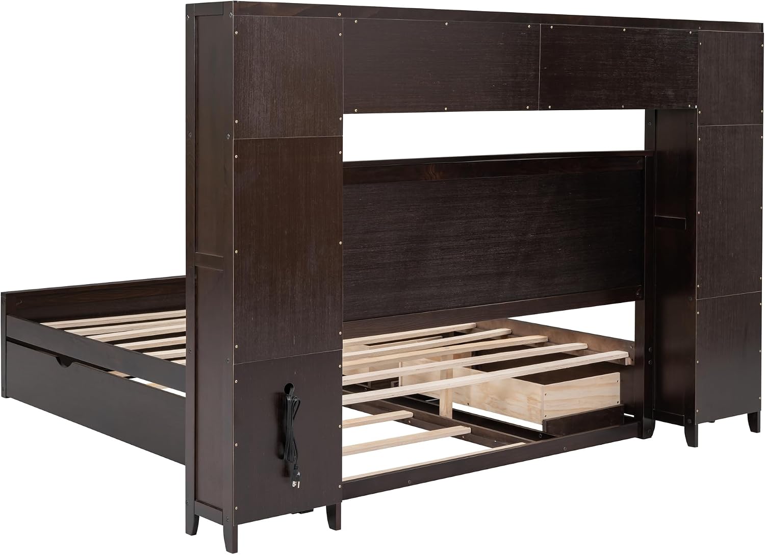 Queen Storage Bed with Bookcase Headboard, Queen Size Platform Bed with Trundle and 2 Storage Drawers, Solid Wood Queen Size Bed Frame with Cabinet and Shelf, No Box Spring Needed (Espresso)