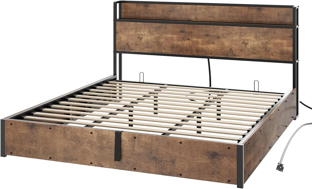 AMERLIFE King Size Lift Up Storage Bed Frame, Wooden Platform Bed Frame with Lifting Storage & Charging Station, No Spring Box Needed/Noise Free, Rustic Brown