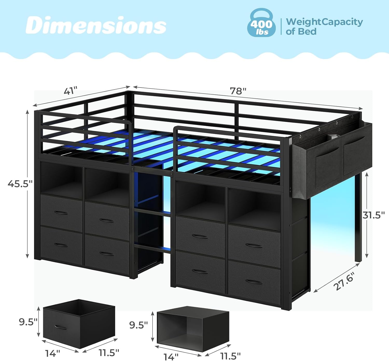 ADORNEVE Low Loft Bed Twin Size with 8 Storage Drawers, Twin Loft Bed with Bookcase and LED Lights, Metal Kids Loft Bed with 14' H Safety Guardrail, Under-Bed Play Space, No Box Spring Needed, Black
