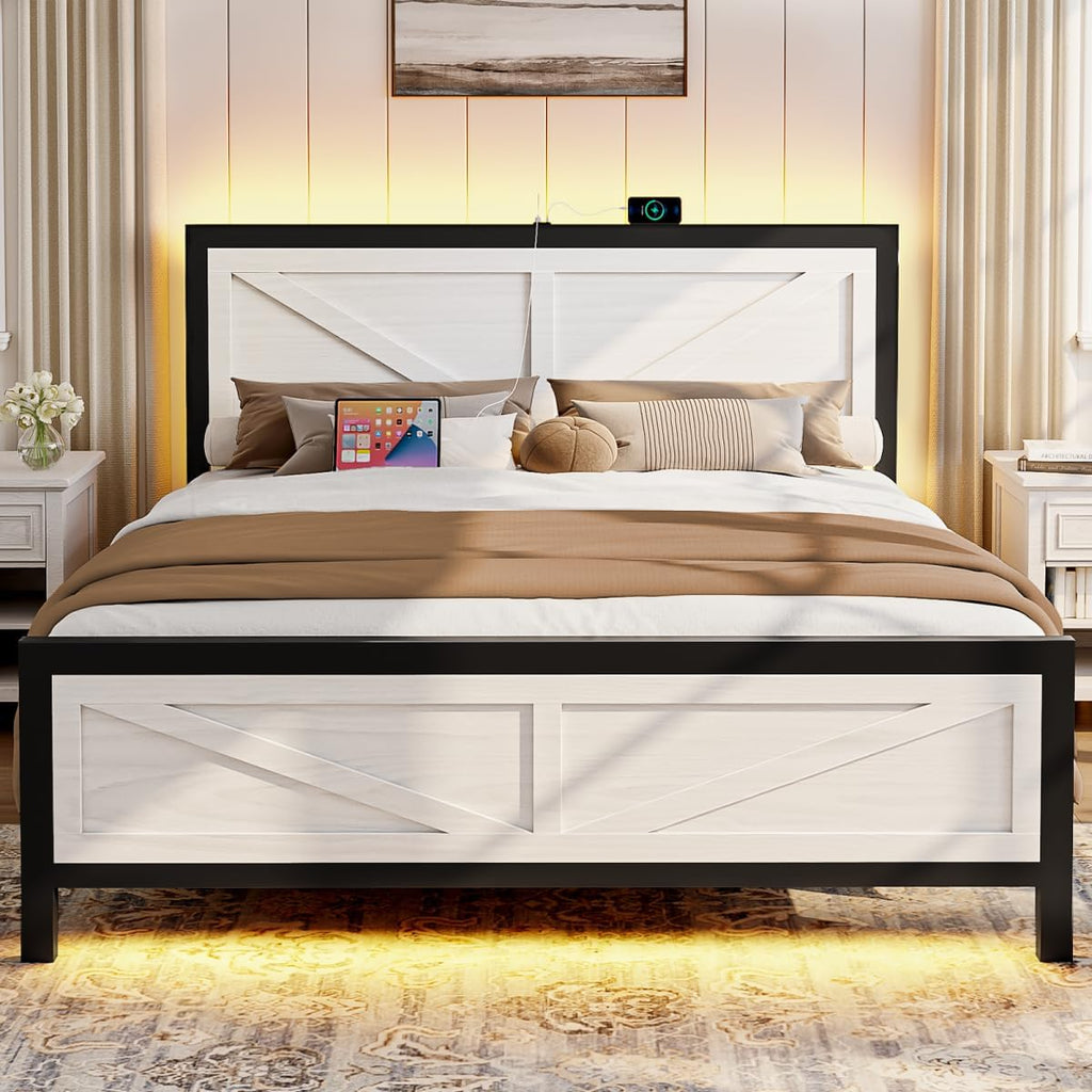 Rustic Bed Frame King Size with Barn Door Headboard, LED Bed Frame with Charging Station, Industrial Platform Metal Bed Frames, No Box Spring Needed, Easy Assembly, White