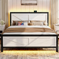 Rustic Bed Frame King Size with Barn Door Headboard, LED Bed Frame with Charging Station, Industrial Platform Metal Bed Frames, No Box Spring Needed, Easy Assembly, White