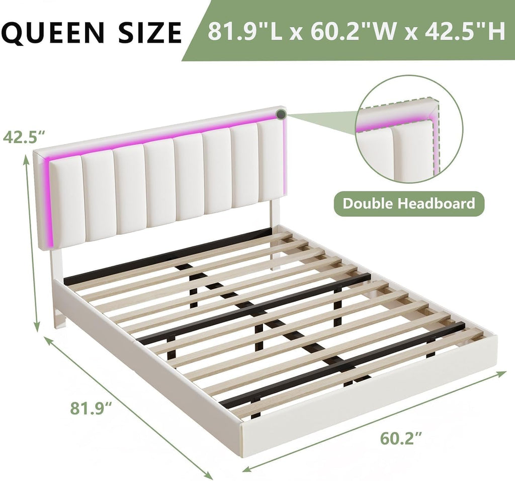 IMMERSTABLE Queen Size Floating Bed Frame with LED Lights, Upholstered Platform Bed with Headboard, 11 in Storage Clearance, Solid Wood Slats, No Box Spring Needed, Easy Assembly, White