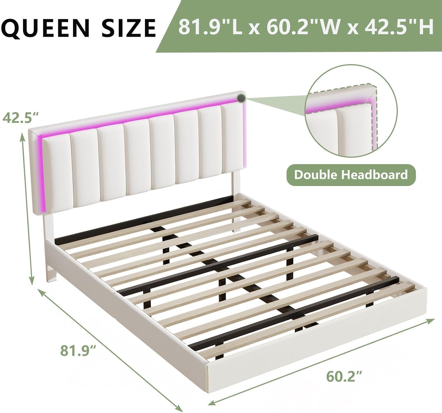 IMMERSTABLE Queen Size Floating Bed Frame with LED Lights, Upholstered Platform Bed with Headboard, 11 in Storage Clearance, Solid Wood Slats, No Box Spring Needed, Easy Assembly, White