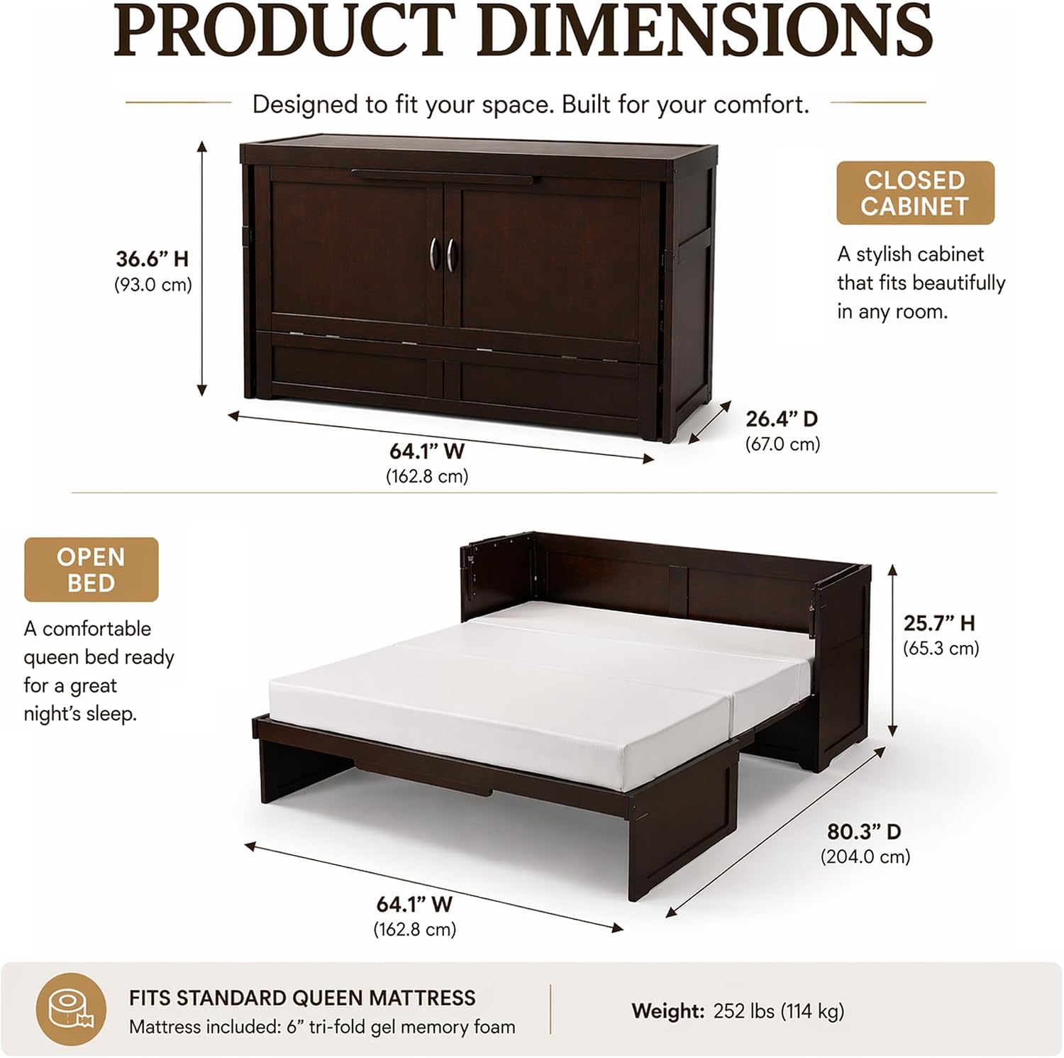 NIGHT & DAY Furniture Murphy Cube Cabinet Bed, Queen, Chocolate