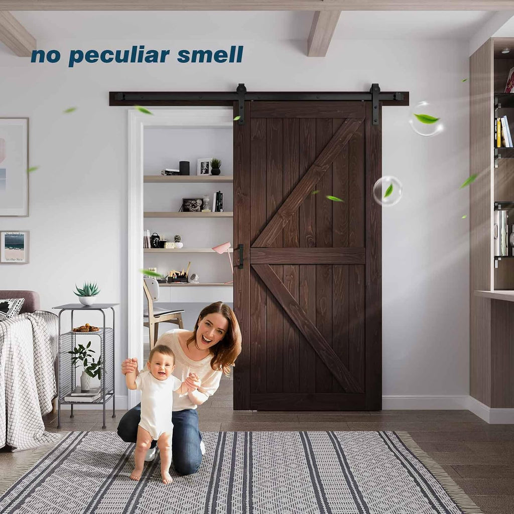 FREDBECK 42in x 84in Brown Barn Door with 7ft (84inch) Barn Door Hardware Track Kit and Handle Included, Double Surfaces,Simple Assembly is Required,K-Frame,Coffee
