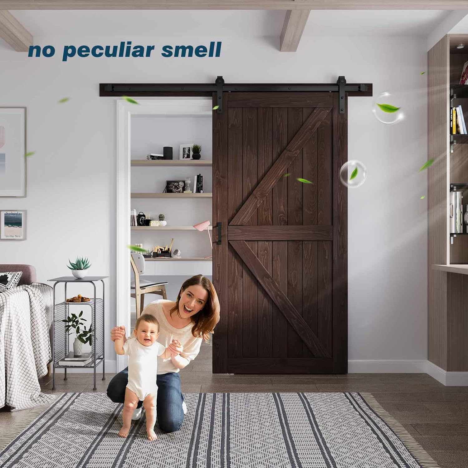 FREDBECK 42in x 84in Brown Barn Door with 7ft (84inch) Barn Door Hardware Track Kit and Handle Included, Double Surfaces,Simple Assembly is Required,K-Frame,Coffee