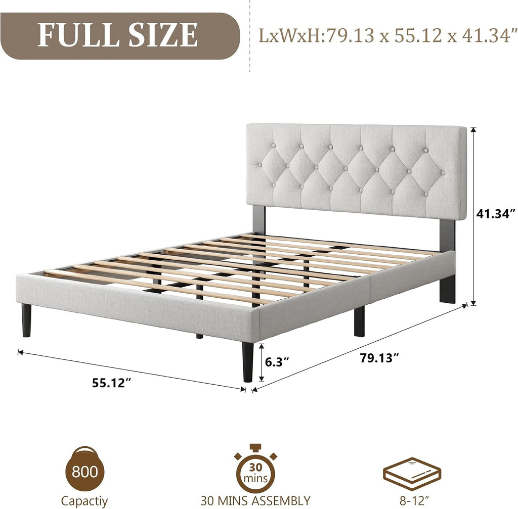 CXVX Full Size Platform Bed Frame with Upholstered Headboard, Button Tufted Design, Strong Wooden Slats, No Box Spring Needed, Easy Assembly, Noise Free