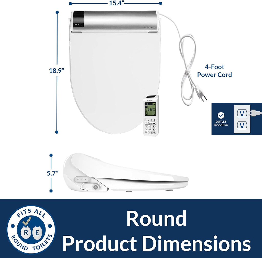 Bio Bidet BB2000 Electric Bidet Toilet Seat, Warm Water with Air Dryer, Heated Seat with Sensor and Slow Close Lid, Night Light, Remote Control, Round, White
